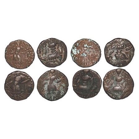 Huns, Kashmir, Toramana, Copper Drachma (4 coins), Obv: King standing slightly left, sacri