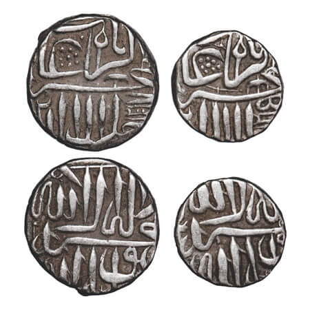Akbar, Silver Mahmudi and ½ Mahmudi (2 Coins), Mulher Mint, both with a flag / dhwaja like