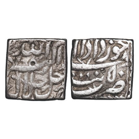 Akbar, Silver Square Rupee, 11.27g, Tatta Mint, Month 'Khurdad', Ilahi 50. KM 88.7. Very F