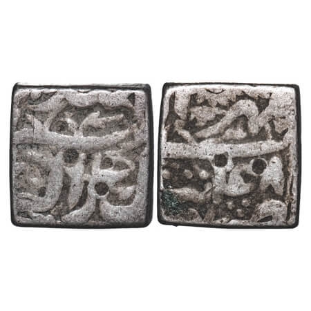 Akbar, Silver Square Rupee, 11.20g, Tatta Mint, Month 'Mihr', Ilahi 48. KM 88.7. Fine, Sca
