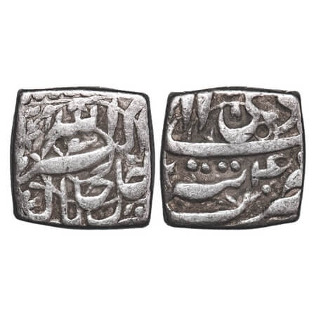 Akbar, Silver Square Rupee, 11.21g, Tatta Mint, Ilahi Month 'Di', 4X RY. KM 88.7. About Ve