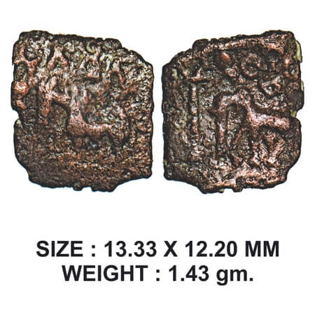 City State Issue, Suktimati, Cast Copper, 1.43g, Obv: Horse walking to left side above Bra