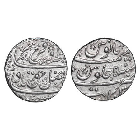 Farrukhsiyar, Silver Rupee, 11.56g, Kanbayat Mint, AH (11)28/5 RY. Broad flan with ornamen