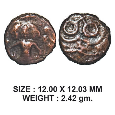 Post-Mauryan, Ujjaini Region, Unsincribed type, Copper, 2.42g, Obv: Three headed shiva, si