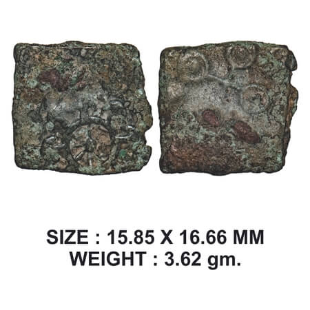Pre-Satavahana, Vidarbha region, Uninscribed type, Copper, 3.62g, Obv: Eight spoked wheel 