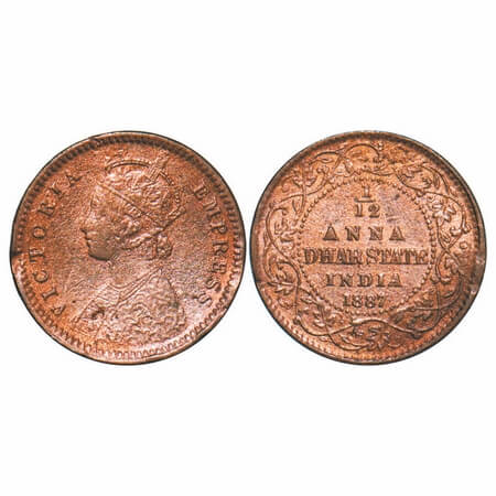 Dhar, Copper 1/12 Anna, 2.06g, Anand Rao III, 1887 AD, bust of Victoria Empress on obv. KM