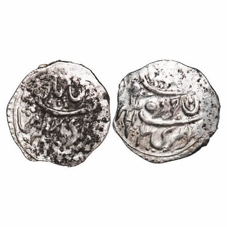 Garhwal, Gorkha occupation, Silver Timasha, 2.25g, INO Muh. Akbar II/Girvan Yuddha, Obv: (