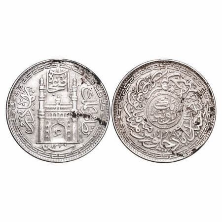 Hyderabad, Silver (80%), Rupee, 11.25g, Mir Usman Ali Khan, Farkhanda Bunyad Hyderabad Min