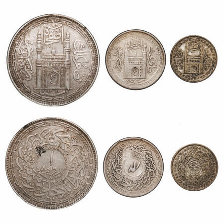 Hyderabad, Silver (80%) Rupee, ¼, 1/8 (3 Coins), Mir Usman Ali Khan, Farkhanda Bunyad Hyde