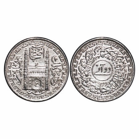 Hyderabad, Nickel 2 Annas, 1.41g, Mir Usman Ali Khan, Farkhanda Bunyad Hyderabad Mint, AH 