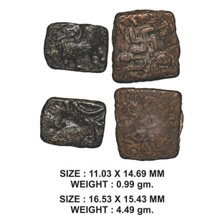 Satavahanas, Siri Satakarni, Nasik Region, Copper Unit (2 coins), 0.99g & 4.49g, Obv: Lion