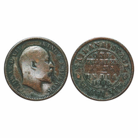 Sailana, Copper 1/4 Anna, 4.56g, Jaswant Singh (1890-1919 AD), 1908 AD, bust of Edward VII
