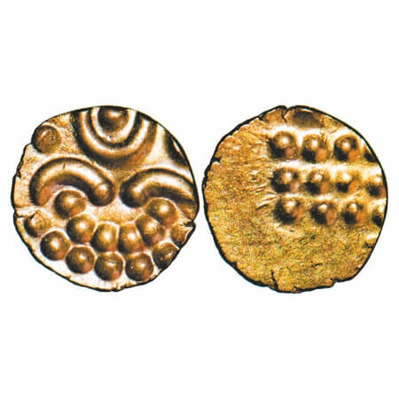 Travancore, Gold Kali Fanam, 0.36g, Obv: stylized lion/boar standing right with crescent a