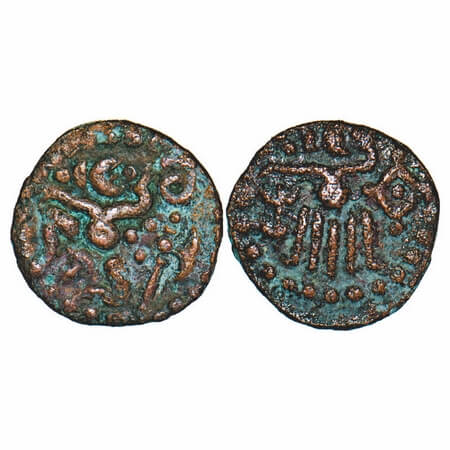 Travancore, Copper, 3.36g, Parasu coin variety in legs, letter and symbol, tamil letter 'c