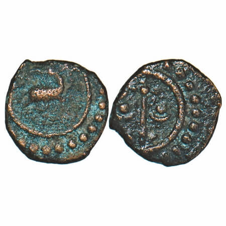 Travancore, Copper. Thiracasu/cash, 1.13g, Padmanabhan Mint, Obv: deer to right head turne