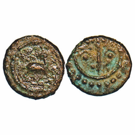 Travancore, Copper Thira Cash, 1.35g, Obv: deer to right looking back. Beena Sarasan 312.1