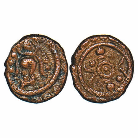 Travancore, Copper Thira Cash, 1.21g, Obv: conch to left. Beena Sarasan 369 type unlisted.
