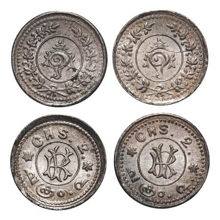 Travancore, Silver 2 Chuckram (2 Coins), 0.74 & 0.77g, Rama Varma VI (ME 1062-1101/ 1885-1