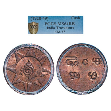 Travancore, Copper Cash, Bala Rama Varma II. KM 57. PCGS Slabbed MS 64 RB. Very Scarce.