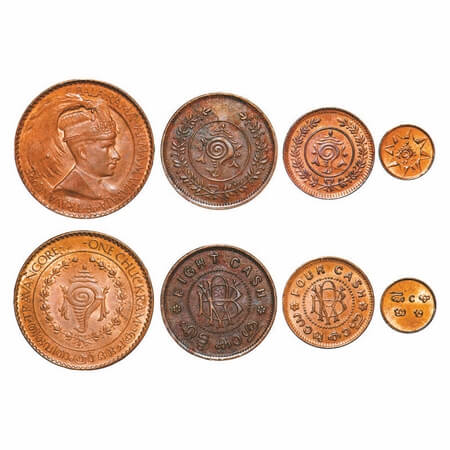 Travancore, Copper & Bronze, (4 Coins), Bala Rama Varma II, Cash, 4 Cash. 8 Cash & Chukram