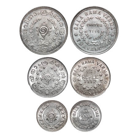 Travancore, Silver (3 Coins), Bala Rama Varma II (ME 1101-1126/1924-1949 AD), Fanam ME 111