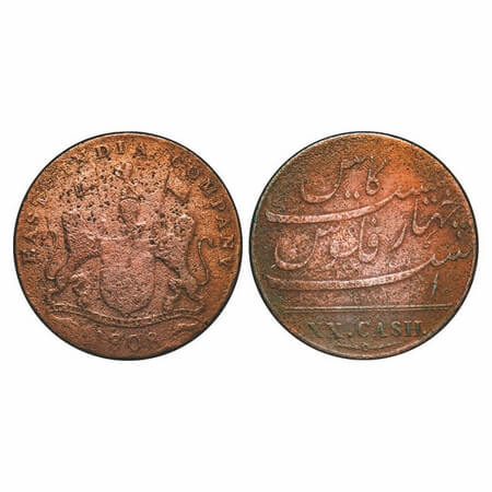 Madras Presidency, Copper XX (Twenty) Cash, 8.74g (Light Issue), struck at Soho Mint, 1808