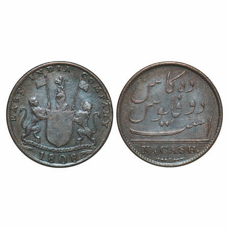 Madras Presidency, Copper X (Ten) Cash, 4.58g (light Issue), Struck at Soho Mint, 1808 AD,