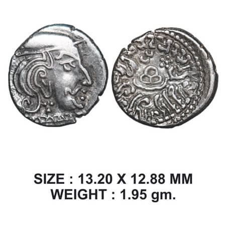 Western Kshatrapas, Damasena, Son of Rudrasimha I as Kshatrapa, Silver Drachma, 1.95g, obv