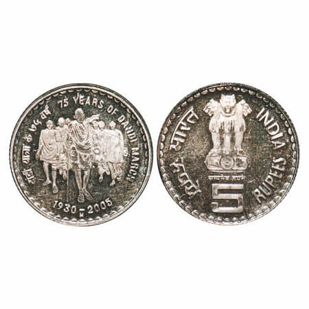 2005, CuNi, 5 Rupees, Proof Coin, 9.03g, 75 Years of Dandi March, Mumbai Mint, Proof, Scar