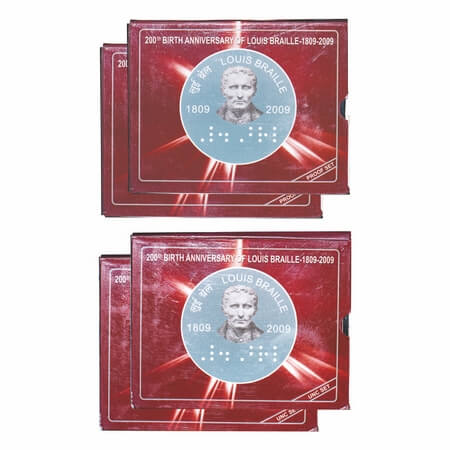 2009, FSS, Proof and Unc set (2 Each/ total 4 coins), 2 Rupees, Louis Brail, Kolkata & Hud
