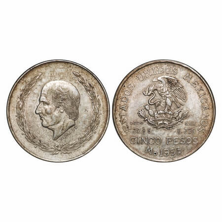 Mexico, (0.7200% silver) 5 Pesos, 27.73g, 1953, obv: national arms, eagle left, Rev: head 