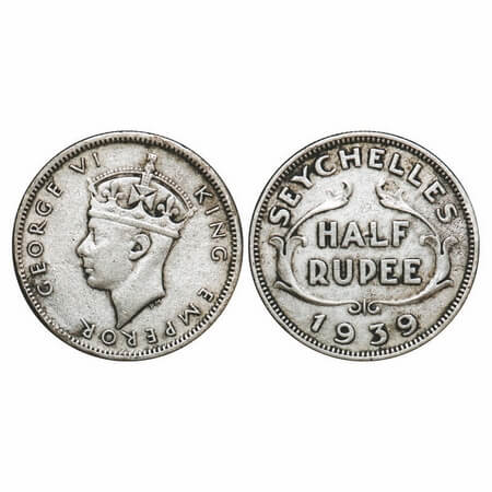 Seychellas, (0.5000% silver) 1/2 Rupee, 5.73g, obv: crowned head left of george VI, Rev: v