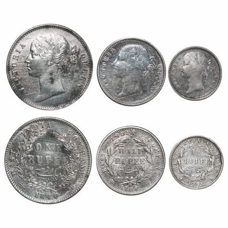 Victoria Queen, Silver, 1840, DL, (3 coins), 1) Rupee, Calcutta Mint, W.W. raised, Wreath 