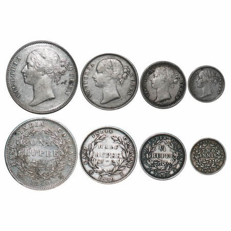 Victoria Queen, Silver, 1840, DL, (4 coins), 1) Rupee, Calcutta Mint, W.W. raised, Wreath 