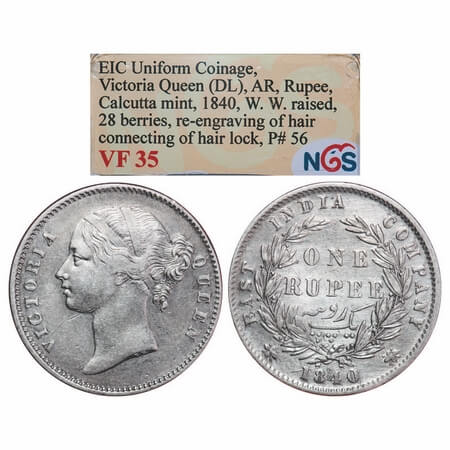Victoria Queen, Silver, Rupee, 1840, DL, Calcutta Mint, W.W. raised, Wreath with 28 Berrie