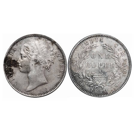 Victoria Queen, Silver, Rupee, 1840, DL, Madras Mint, W.W. 'B' raised, Wreath with 29 Berr