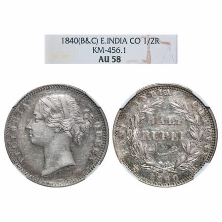 Victoria Queen, Silver, Half Rupee, 1840, DL, Calcutta Mint, .W.W incused, Wreath with 24 
