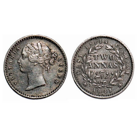 Victoria Queen, Silver, 2 Annas, 1841, DL, Calcutta Mint, W.W. raised, Wreath with 9 Berri