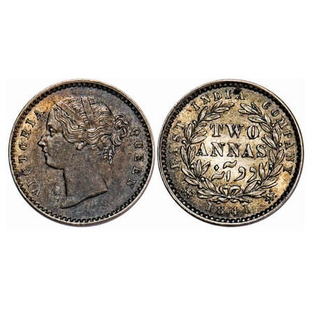 Victoria Queen, Silver, 2 Annas, 1841, DL, Calcutta Mint, W.W. raised, Wreath with 9 Berri