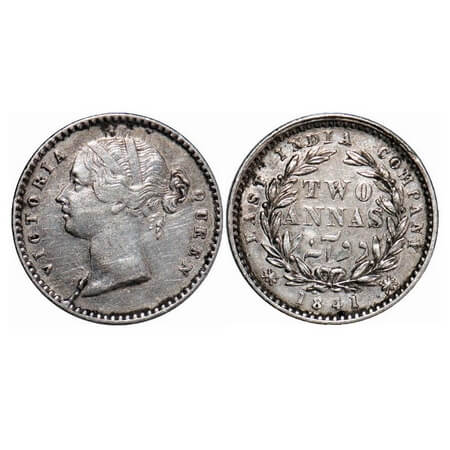 Victoria Queen, Silver, 2 Annas, 1841, DL, Calcutta Mint, W.W. raised, Wreath with 9 Berri