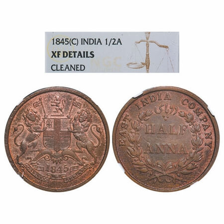 Victoria Queen, Copper, Half Anna, 1845, Calcutta Mint, Obv B, Cross bar of numeral 4 w/o 