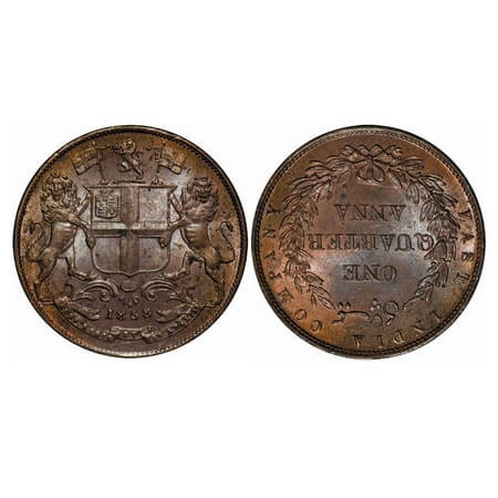 Victoria Queen, Copper, Quarter Anna, 1858, J. Watt. & Co. Birmingham Mint, Single leaf, Y