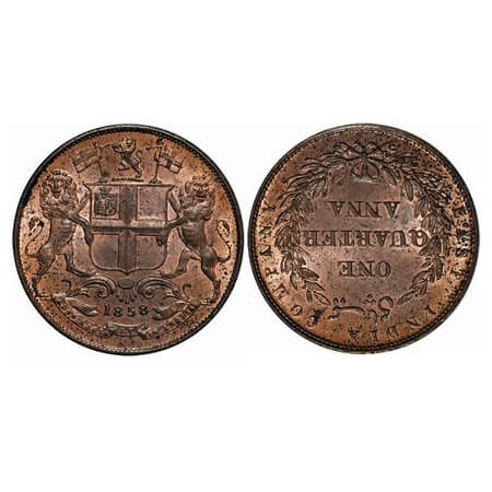 Victoria Queen, Copper, Quarter Anna, 1858, J. Watt. & Co. Birmingham Mint, Single leaf, Y