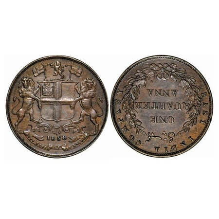 Victoria Queen, Copper, Quarter Anna, 1858, J. Watt & Co. Birmingham Mint, single leaf, Ye
