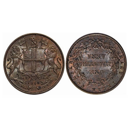 Victoria Queen, Copper, Quarter Anna, 1858, J. Watt & co. Birmingham Mint, single leaf, Ye