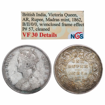 Victoria Queen, Silver, Rupee, 1862, Madras Mint, B/II(v), With enclosed frame effect. F. 