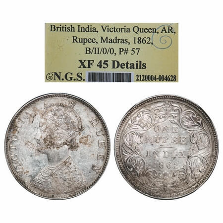 Victoria Queen, Silver, Rupee, 1862, Madras Mint, B/II, w/o enclosed frame effect and w/o 