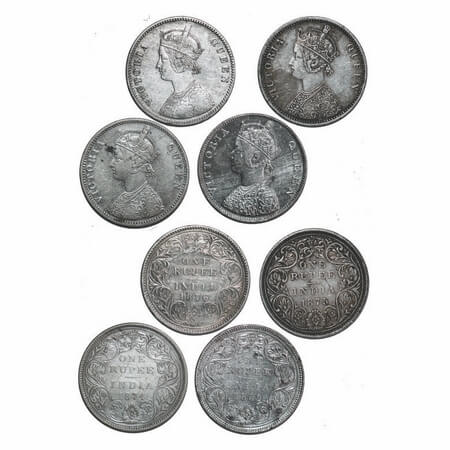Victoria Queen, Silver, Rupee, (4 coins), 1) 1862, Bombay Mint, B/II, 2) 1874, Bombay Mint