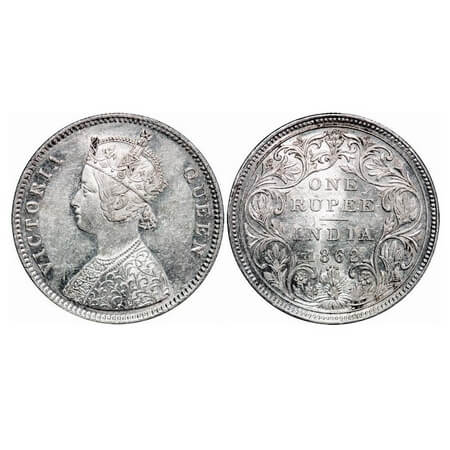 Victoria Queen, Silver, Rupee, 1862, Bombay Mint, A/II/0/4, w/o initial 'J'. F. Prid 79. G