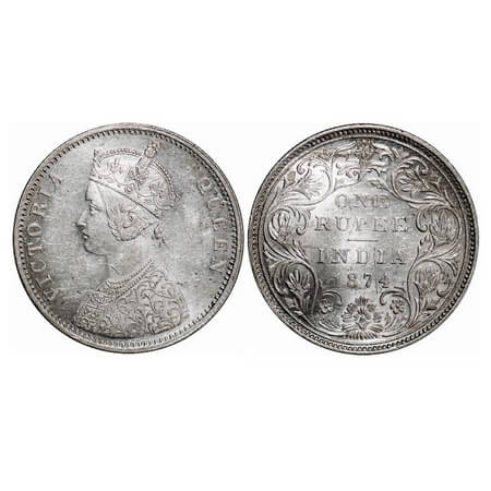 Victoria Queen, Silver, Rupee, 1874, Bombay Mint, A2/II, No dot, Normal numeral 4. F. Prid